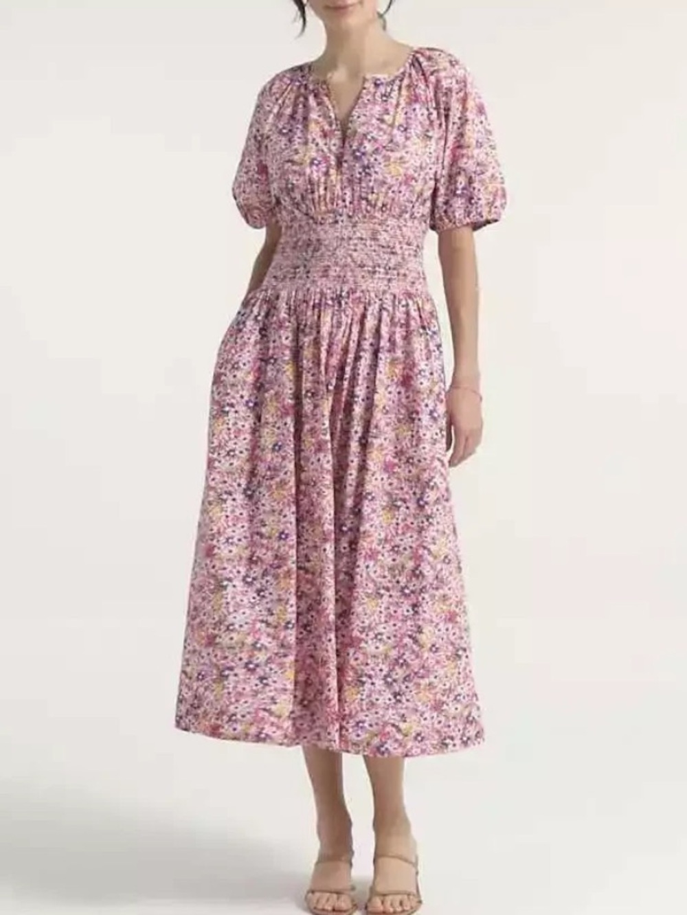 J. Crew Pink Floral Fields Puff Sleeve Smocked Waist Midi Dress MSRP $248 Size L